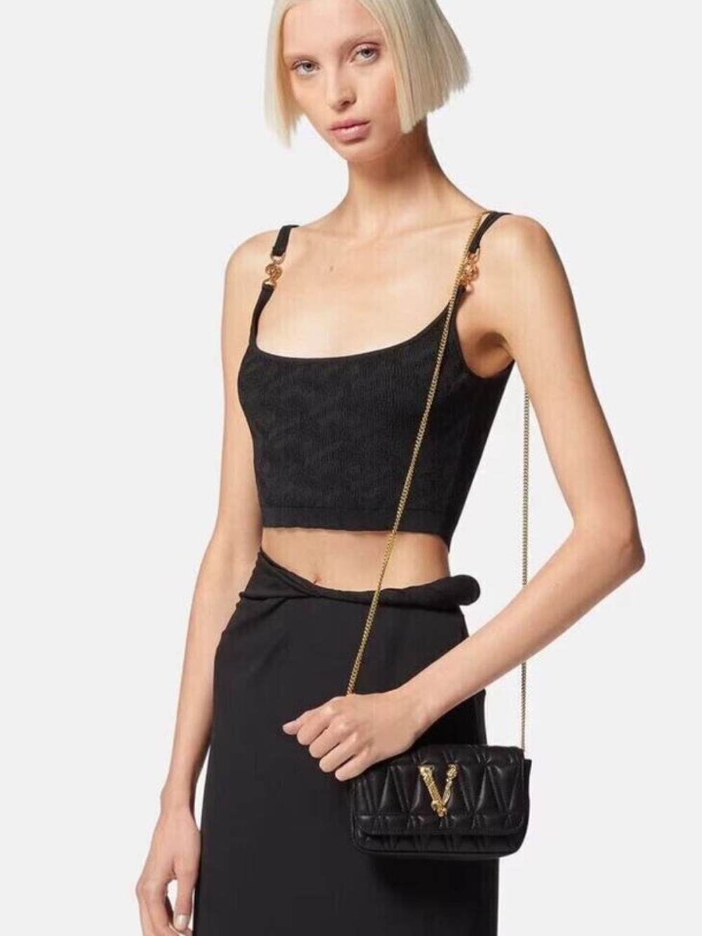 NWT Versace Mini Virtus Quilted Black crossbody with Gold Chain Strap & Hardware